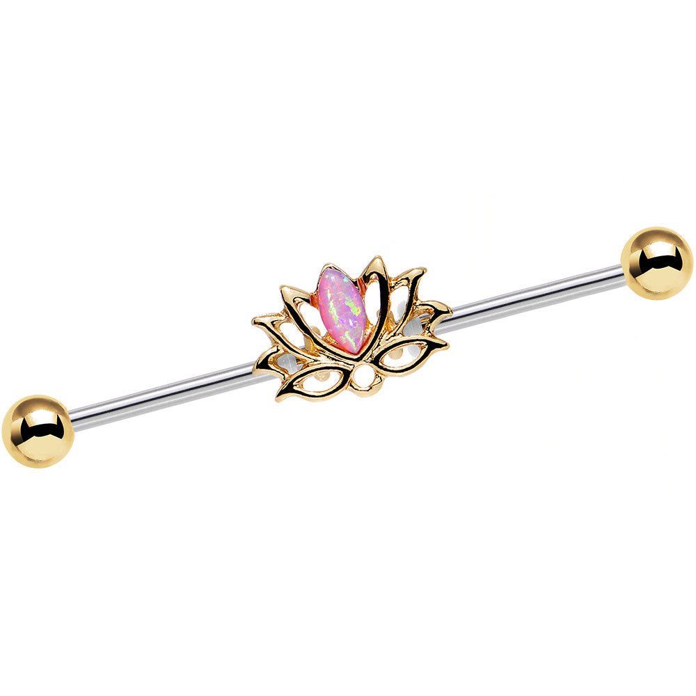 Clear Gem Pink Faux Opal Gold Plated Lotus Flower Industrial Barbell 38mm