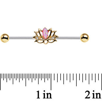 Clear Gem Pink Faux Opal Gold Plated Lotus Flower Industrial Barbell 38mm