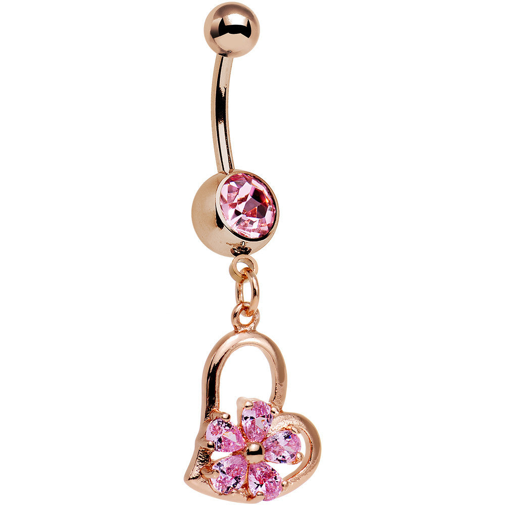 Pink Gem Rose Gold Plated Flower and Heart Dangle Belly Ring