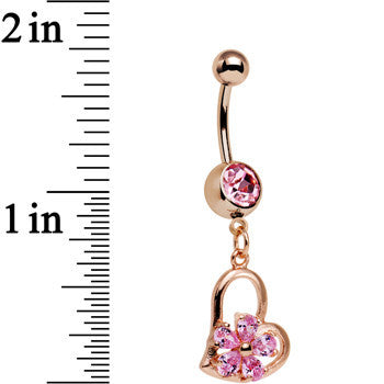 Pink Gem Rose Gold Plated Flower and Heart Dangle Belly Ring