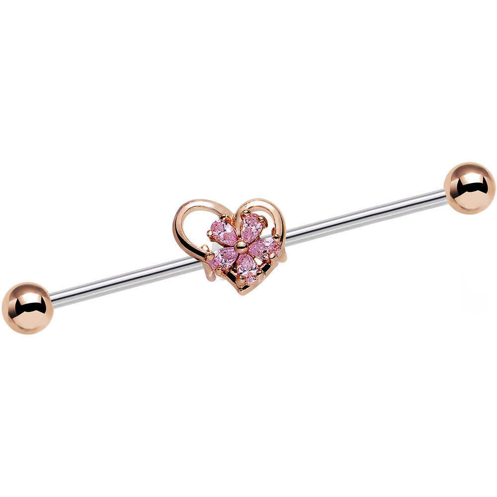 14 Gauge Pink Gem Sunlit Flower and Heart Industrial Barbell 38mm