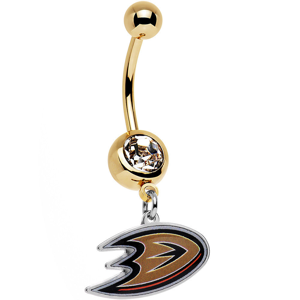 Licensed NHL Clear Gem Gold Anodized Anaheim Ducks Logo Belly Ring