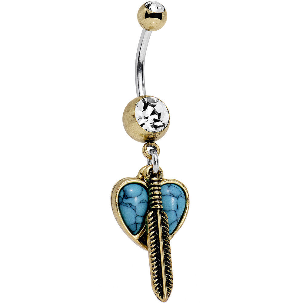 Faux Turquoise Clear Gem Heart Forever Feather Dangle Belly Ring