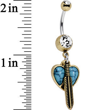 Faux Turquoise Clear Gem Heart Forever Feather Dangle Belly Ring