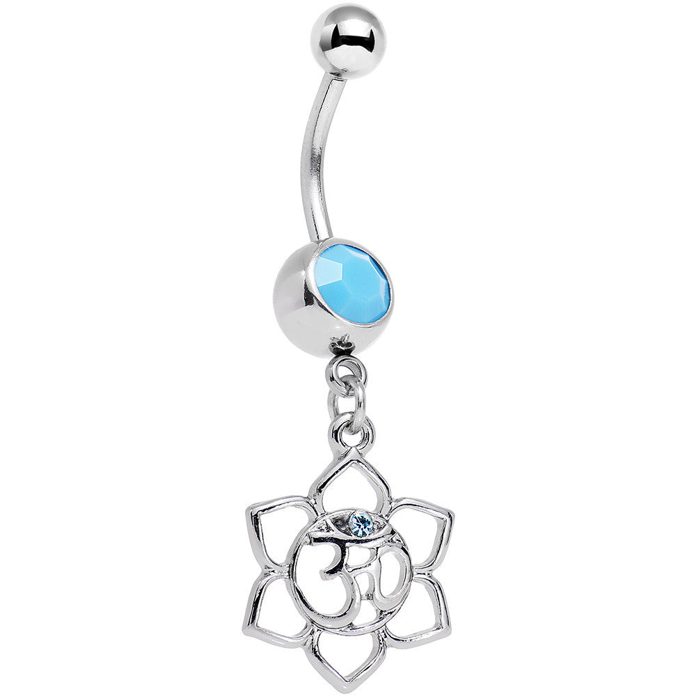 Faux Turquoise Aqua Gem Framework Lotus Flower Ohm Dangle Belly Ring