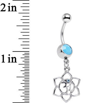 Faux Turquoise Aqua Gem Framework Lotus Flower Ohm Dangle Belly Ring