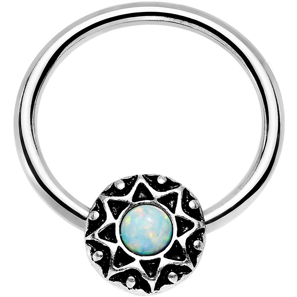 14 Gauge 9/16 White Faux Opal Steel Ornate Star Symbol Captive Ring