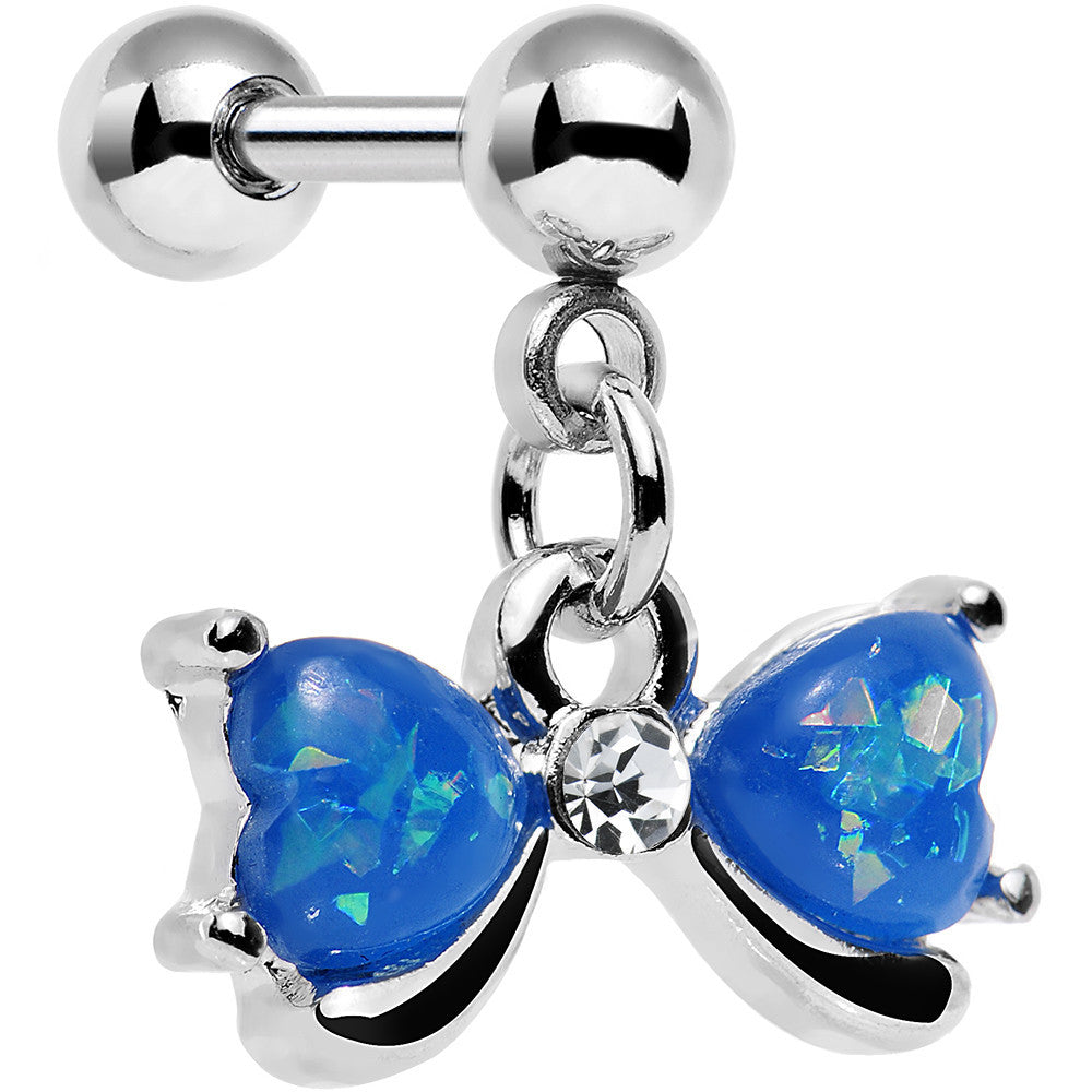 16 Gauge 1/4 Blue Faux Opal Heart Bow Dangle Cartilage Earring