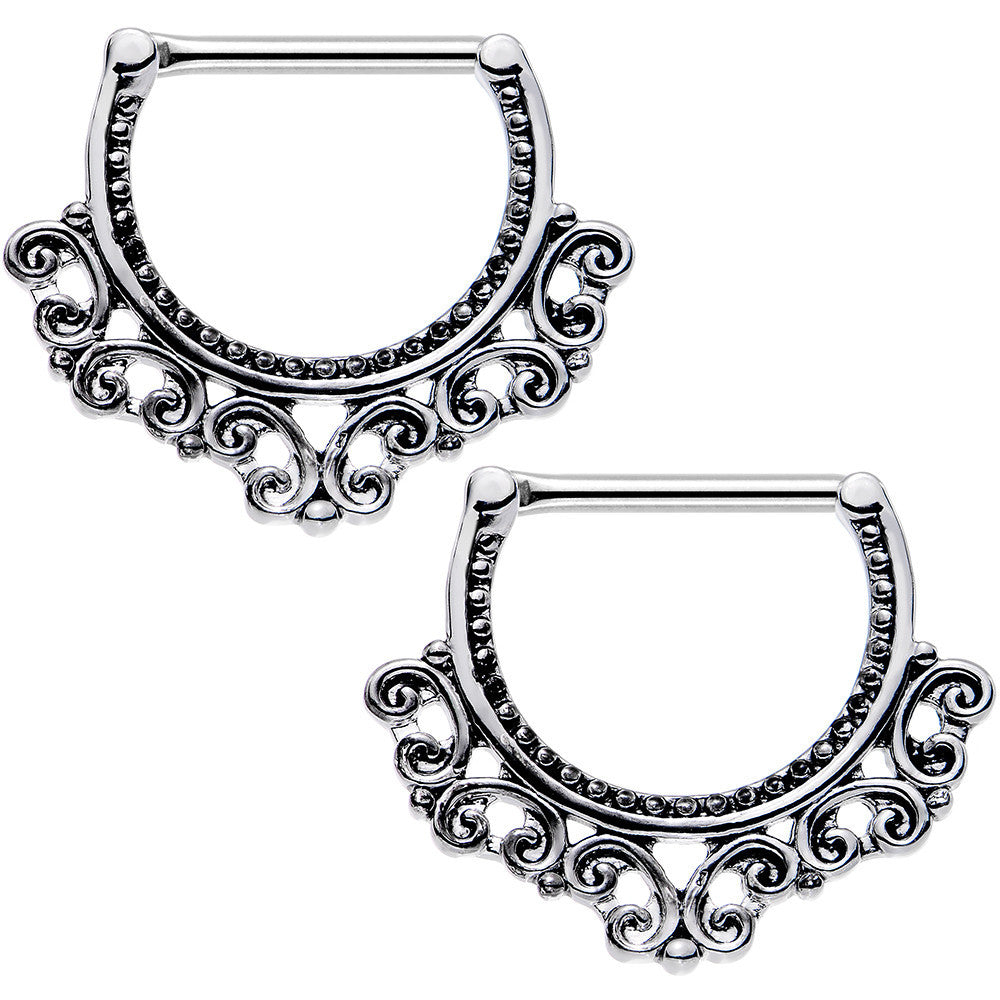 14 Gauge 1/2 Steel Tribal Heart Filigree Nipple Clicker Set