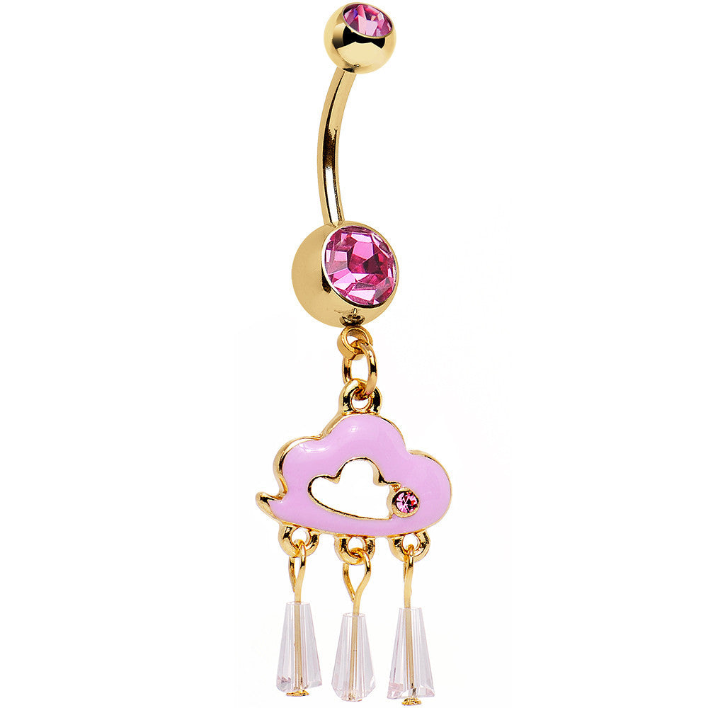 Pink Gem Gold Anodized Drops of Pink Rain Cloud Dangle Belly Ring