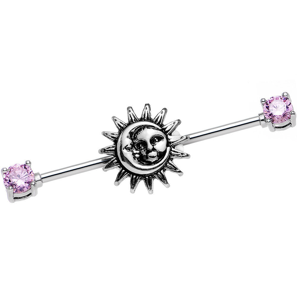 14 Gauge Pink CZ Steel Celestial Sun and Moon Industrial Barbell 38mm