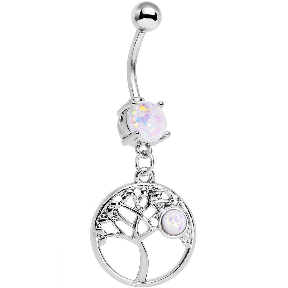 White Faux Opal Circular Frame Terra Tree of Life Dangle Belly Ring