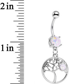 White Faux Opal Circular Frame Terra Tree of Life Dangle Belly Ring