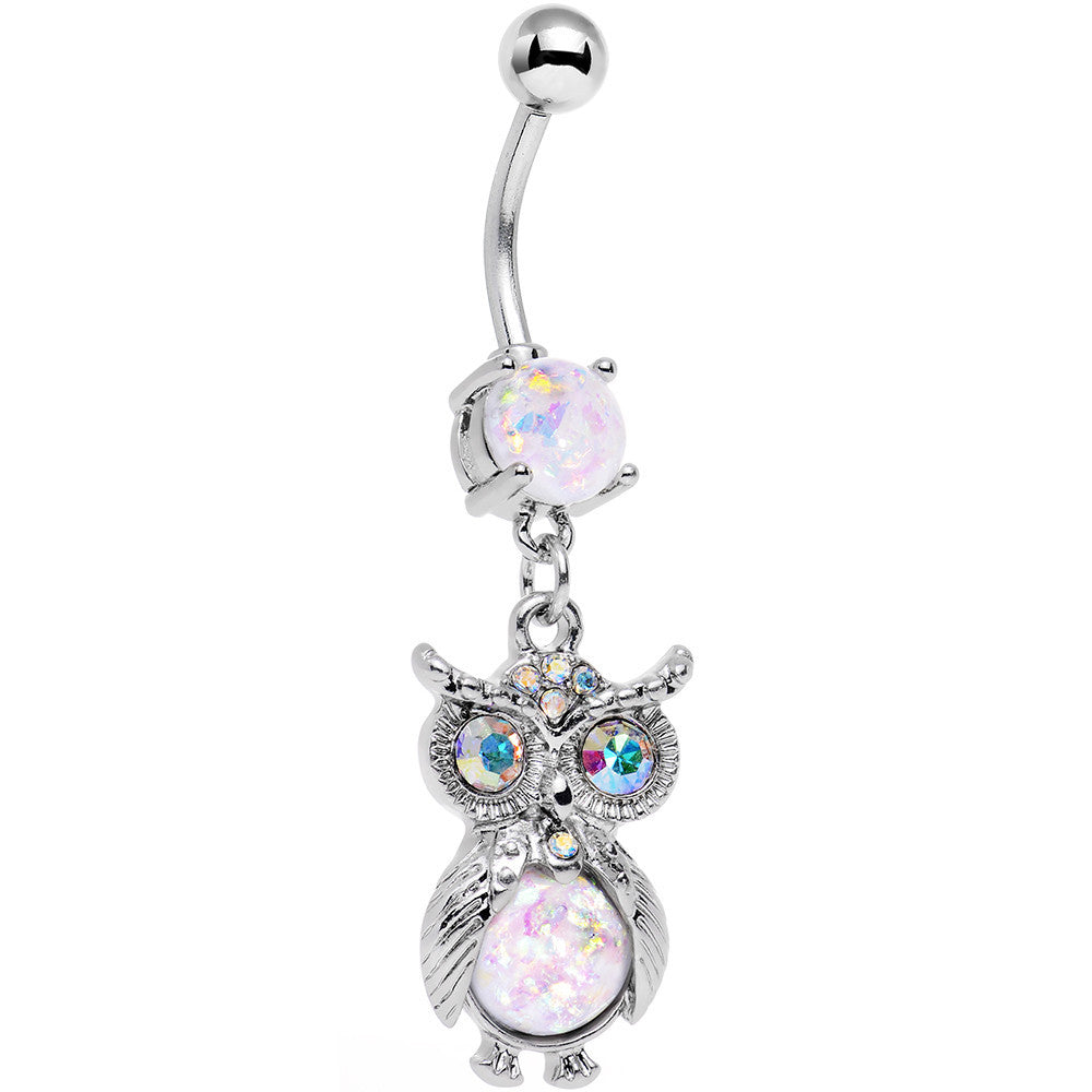 White Faux Opal Aurora Gem No Ordinary Owl Dangle Belly Ring