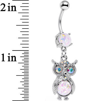 White Faux Opal Aurora Gem No Ordinary Owl Dangle Belly Ring