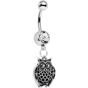 Clear Gem Ornery Owl Dangle Belly Ring