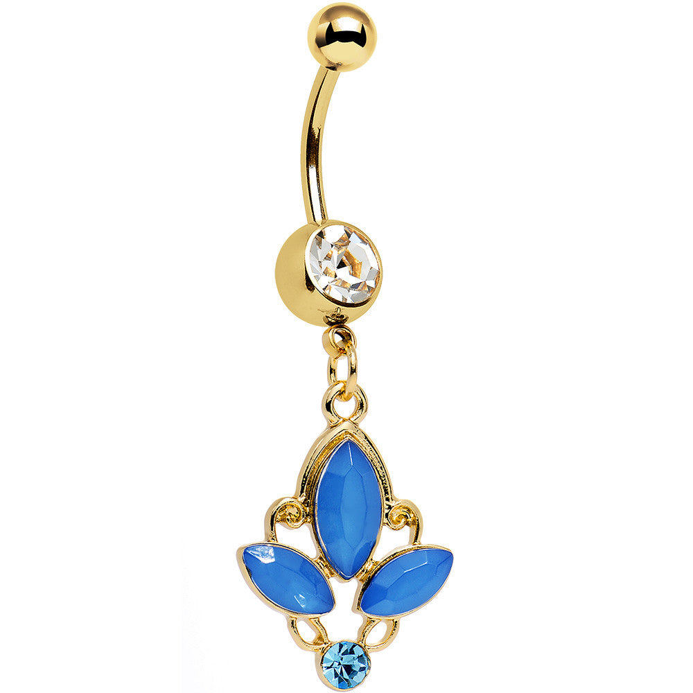 Clear Blue Gem Gold PVD Fleur de Lis Dangle Belly Ring