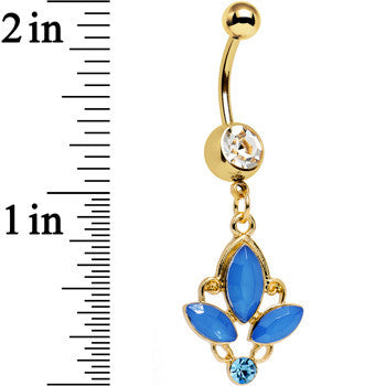 Clear Blue Gem Gold PVD Fleur de Lis Dangle Belly Ring