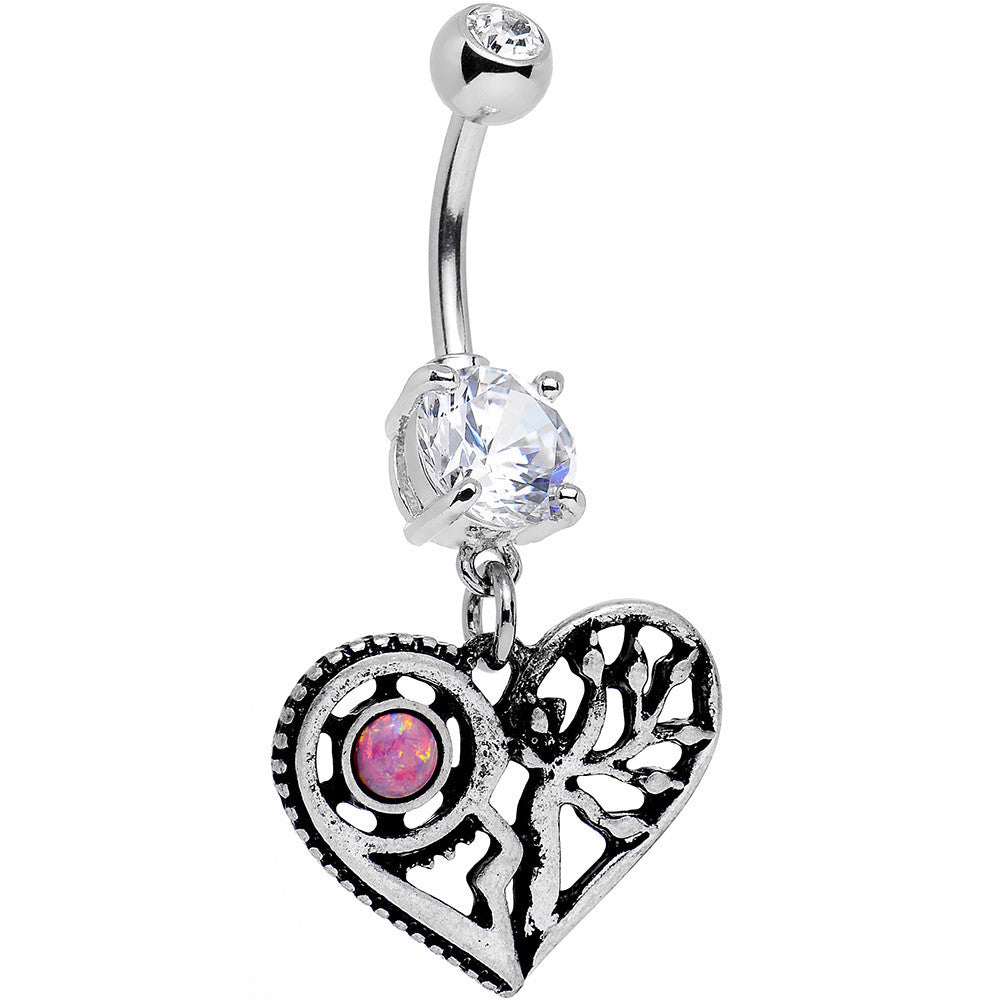 Clear Gem Faux Pink Opal Steampunk Heart Tree Dangle Belly Ring