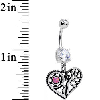 Clear Gem Faux Pink Opal Steampunk Heart Tree Dangle Belly Ring