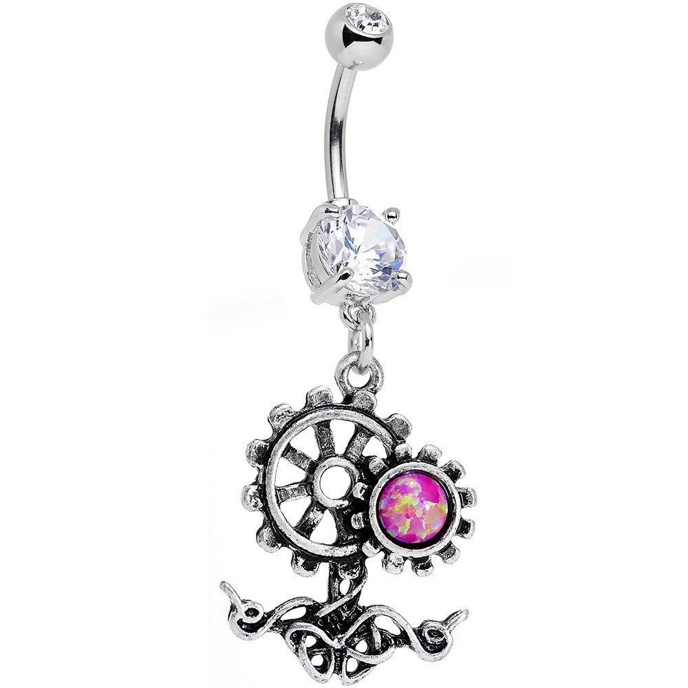 Clear Gem Faux Pink Opal Steampunk Twist Dangle Belly Ring