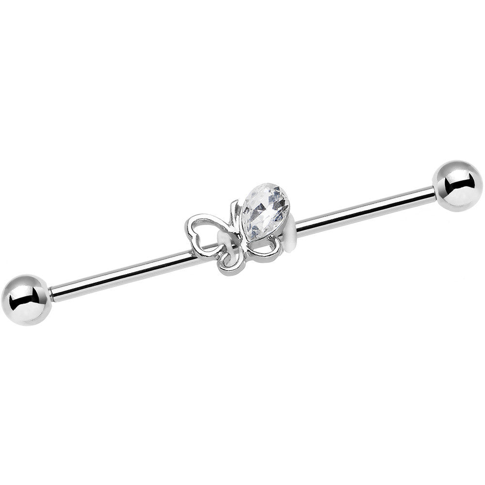 14 Gauge Clear Gem Frolicking Butterfly Industrial Barbell 38mm