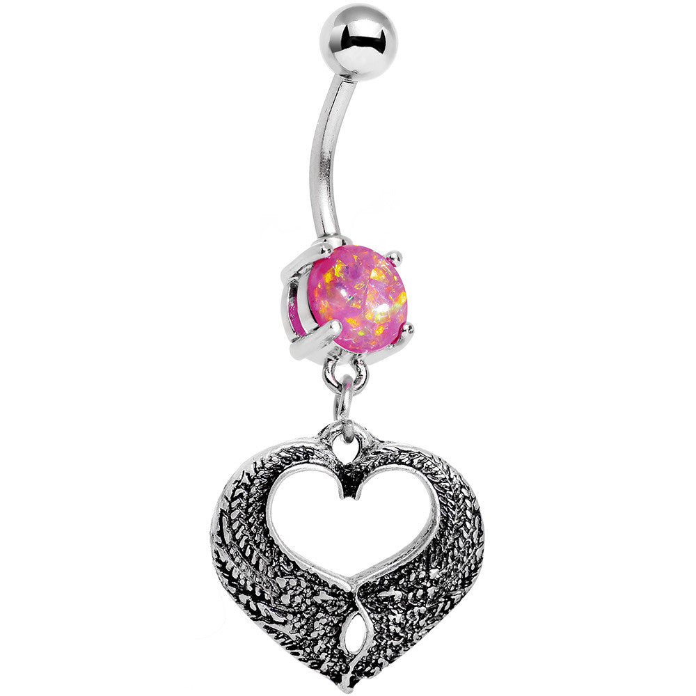 Pink Faux Opal Laurel Heart Dangle Belly Ring