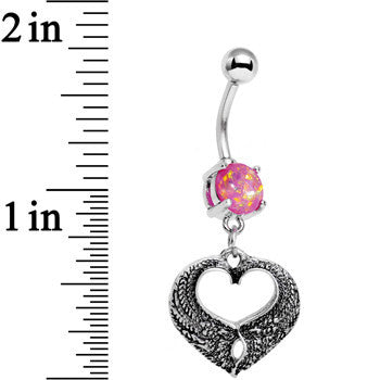 Pink Faux Opal Laurel Heart Dangle Belly Ring