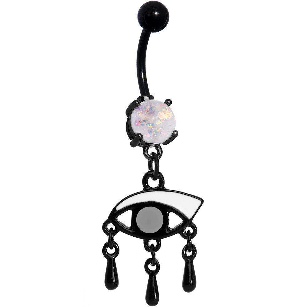 White Faux Opal Black Anodized Mono Eye Dangle Belly Ring