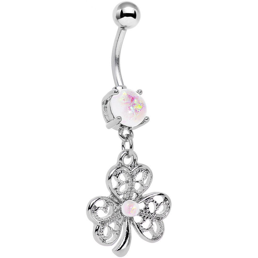 White Faux Opal Double Detail Shamrock Dangle Belly Ring