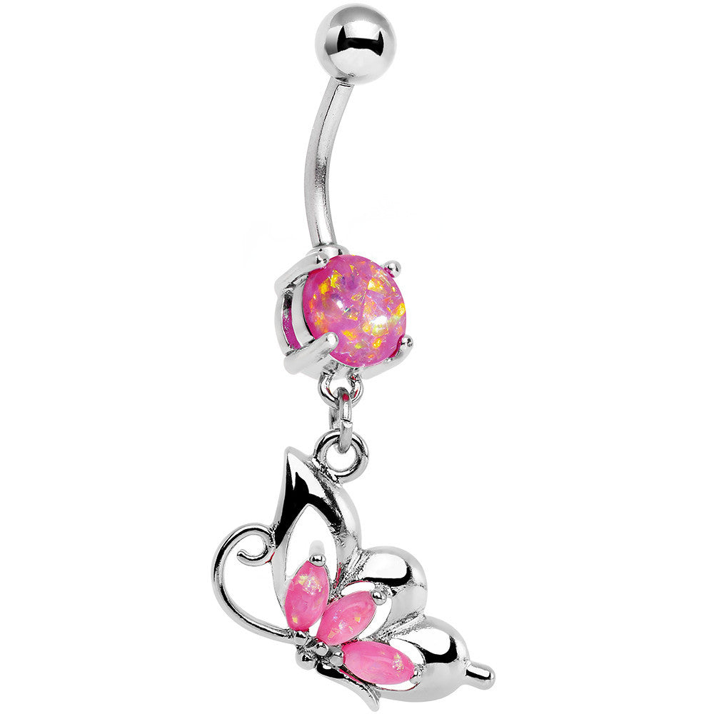 Pink Faux Opal Be With Me Butterfly Dangle Belly Ring