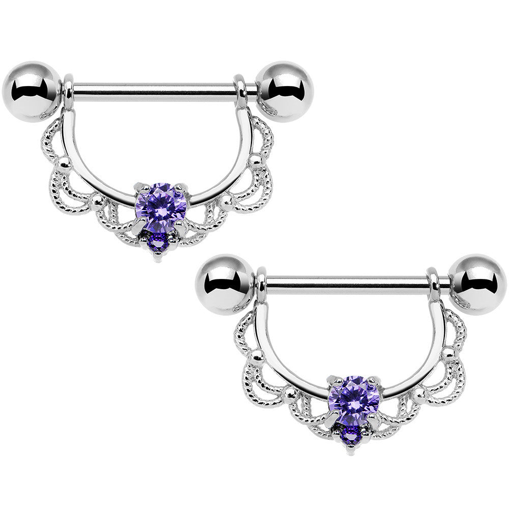 14 Gauge 5/8 Purple CZ Gem Steel Scalloped Dangle Nipple Ring Set