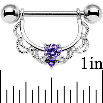 14 Gauge 5/8 Purple CZ Gem Steel Scalloped Dangle Nipple Ring Set