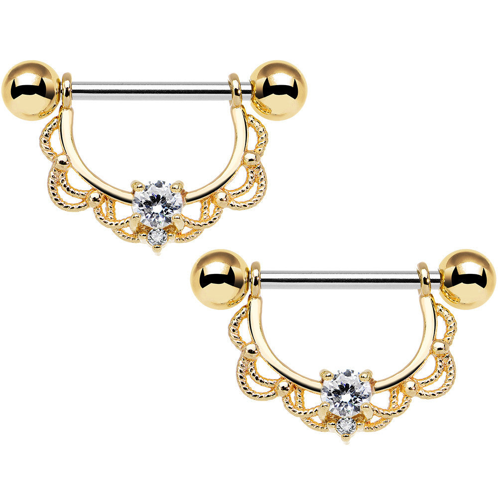 14 Gauge 5/8 Clear CZ Steel Gold Plated Scalloped Dangle Nipple Ring Set