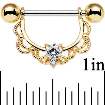 14 Gauge 5/8 Clear CZ Steel Gold Plated Scalloped Dangle Nipple Ring Set