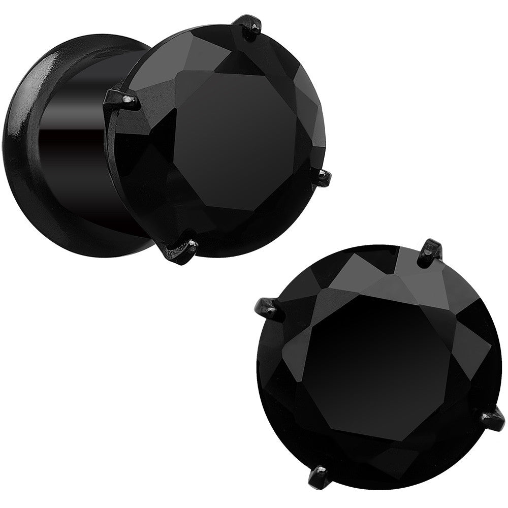 0 Gauge Black CZ Gem Black IP Bling Double Flare Plug Set