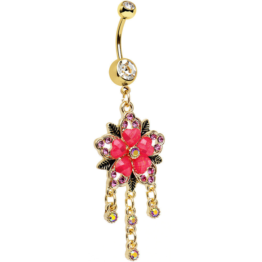 Clear Pink Aurora Gem Gold Anodized Heart Flower Dangle Belly Ring