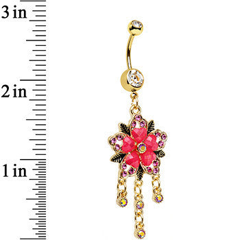 Clear Pink Aurora Gem Gold Anodized Heart Flower Dangle Belly Ring