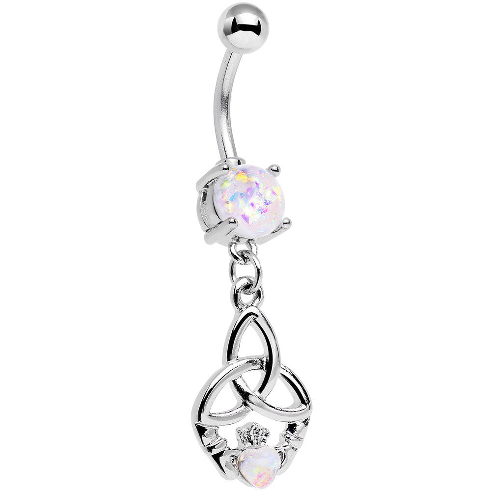 White Faux Opal Trinity You and Me Claddagh Dangle Belly Ring