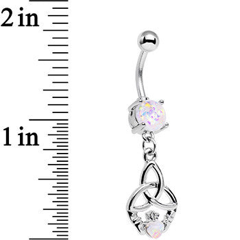 White Faux Opal Trinity You and Me Claddagh Dangle Belly Ring