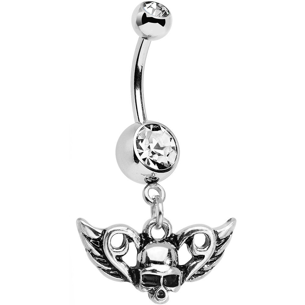 Clear Gem Born to Be Bad Winged Skull Dangle Belly Ring