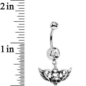 Clear Gem Born to Be Bad Winged Skull Dangle Belly Ring