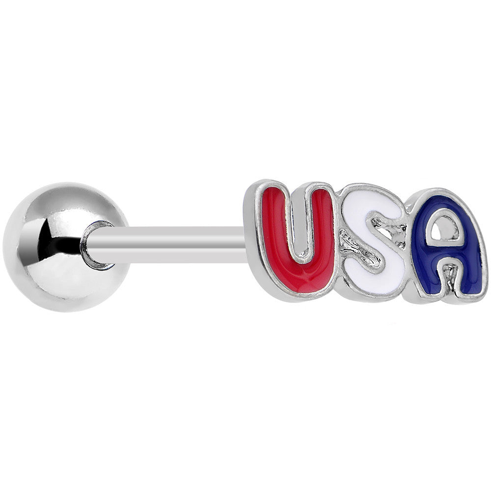 Red White and Blue Text Celebrate All Day USA Barbell Tongue Ring