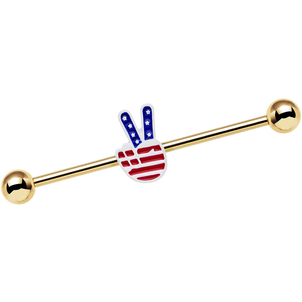 Gold Anodized Red White Blue Hand Peace Sign Industrial Barbell 38mm