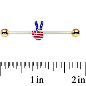 Gold Anodized Red White Blue Hand Peace Sign Industrial Barbell 38mm