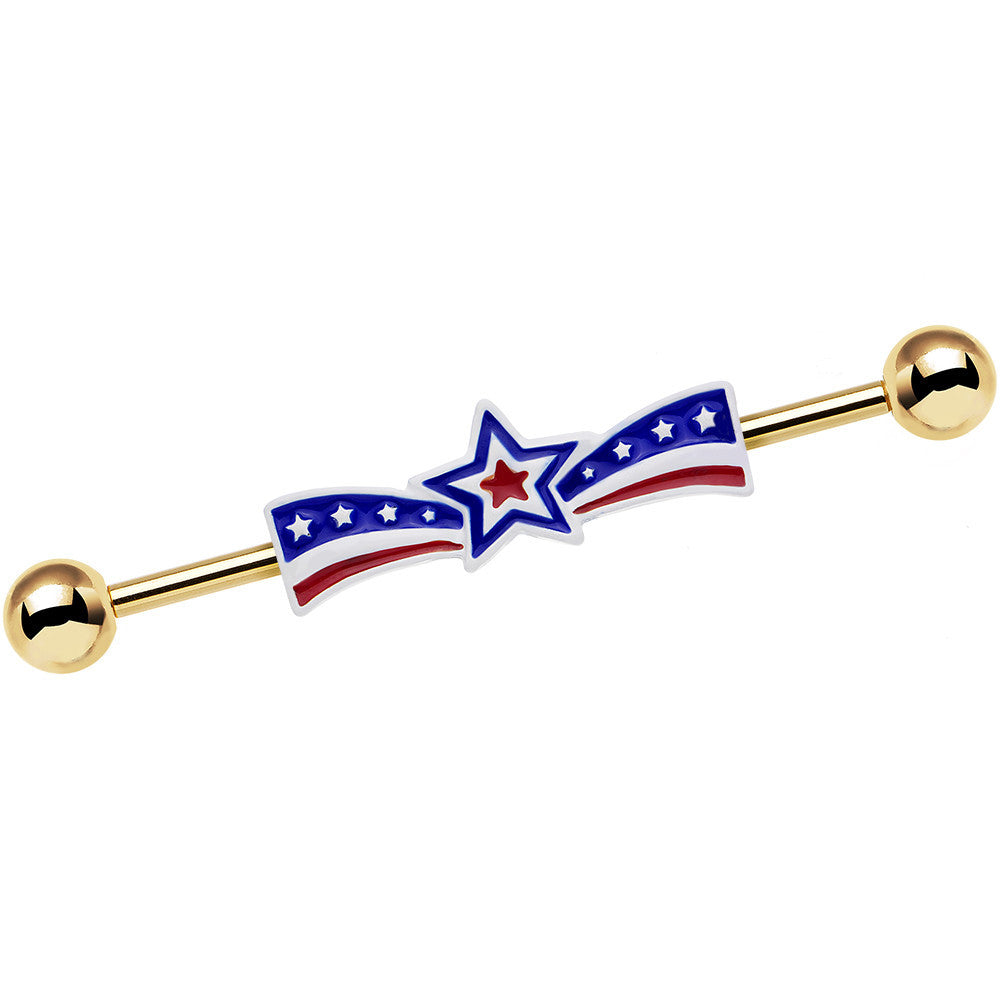 Gold Anodized Red White and Blue Ribbon Star Industrial Barbell 38mm