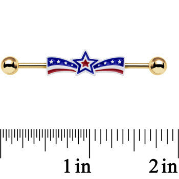 Gold Anodized Red White and Blue Ribbon Star Industrial Barbell 38mm