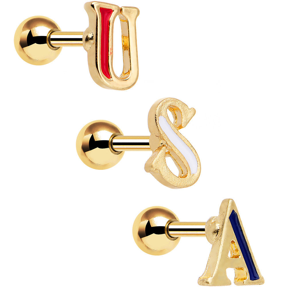 Gold Anodized Red White Blue USA Tragus Cartilage Earring Set of 3