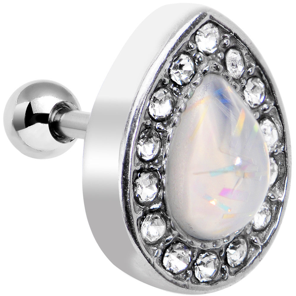 16 Gauge 1/4 White Faux Opal Clear CZ Teardrop Cartilage Earring