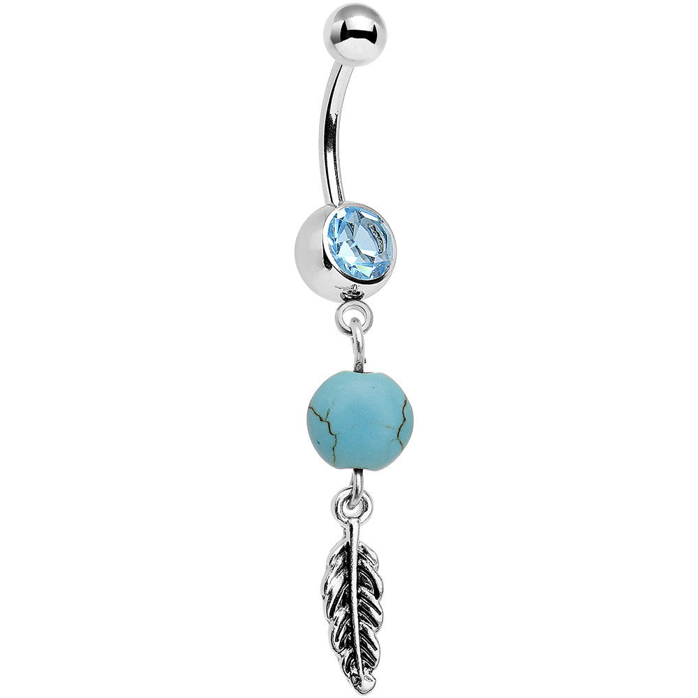 Aqua Gem Faux Turquoise Freedom Feather Dangle Belly Ring